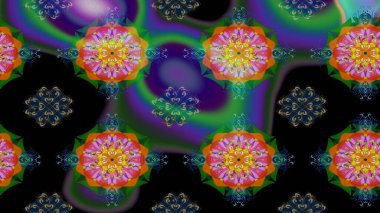 Güzel kar tanesi. Raster illüstrasyonu. Renkli arka planda izole tatlı kar taneleri. Yuvarlak raster kar tanesi. Soyut kış siyah, mavi ve yeşil süslemeleri.