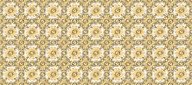 Bej, nötr ve sarı renklerde altın element. Damask arkaplanı tekerrür ediyor. Antika altın tekrarlanabilir duvar kağıdı. Barok tarzında altın çiçek süsü..