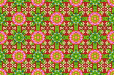 Hediye ambalaj kağıdı, tebrik kartları, posterler ve pankart tasarımı. Yeşil, kırmızı ve turuncu renkli çiçekler. Raster düz çiçekleri pürüzsüz desen.