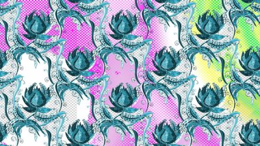 Çiçek buketleriyle klasik tarzda el desenleri. Raster illüstrasyonu. Mavi, nötr ve beyaz renklerde.