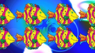 Güzel balık mavisi, sarı ve morumsu. Çizgili balık ve benekli şirin illüstrasyon. Raster..