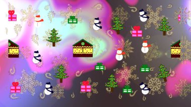 Little house on cute landscape. Raster. Holiday mood. Pictures on neutral, gray and brown colors and Christmas tree. clipart