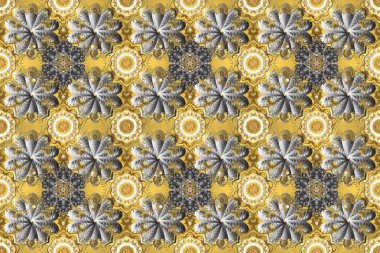 Altın desenli gri, sarı ve bej renklerde altın elementler. Raster altın pürüzsüz desen. Arkaplan, kumaş, altın duvar kağıdı. Düz elle çizilmiş vintage koleksiyonu.