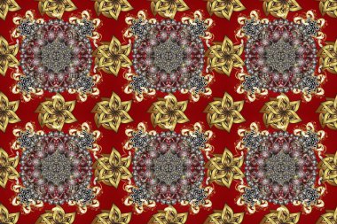 Şam, tasarım için kusursuz desen. Kahverengi, kırmızı ve gri renklerde, altın elementli, pürüzsüz desen.