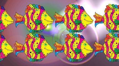 Kumaşa baskı yapmak için raster deseni. Sarı, nötr ve morumsu. Tropikal balık stilize desenli dekoratif eskiz deseni nakış..