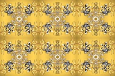 Senin tasarımın için, duvar kağıdı. Sarı, bej ve kahverengi renklerde, altın çiçekli altın desenler. Raster geometrik arka plan. Altın rengi kusursuz illüstrasyon.