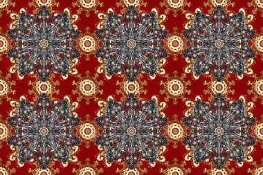 Altın çiçekli, pürüzsüz desen. Damask arkaplanı. Gri, kırmızı ve kahverengi renklerde altın bir element. Barok tarzında altın çiçekli süs..