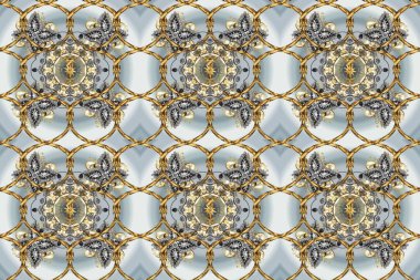 Doğum günü kartı, davetiye ya da afiş için iyidir. Kusursuz ortaçağ çiçek deseni. Dekoratif simetri arabesk. Gri, bej ve kahverengi renklerde altın. Raster illüstrasyonu.