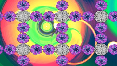 Parlak renkli çiçekleri ve mor, yeşil ve mavi renkli yaprakları olan şaşırtıcı, pürüzsüz çiçek deseni. Moda baskıları için zarif bir şablon. Modern çiçek arkaplanı. Halk stili.