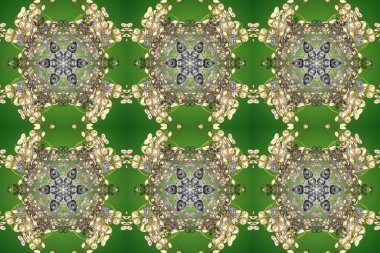 Kusursuz oryantal klasik altın desen. Yeşil, gri ve bej renklerde altın yinelenen elementler içeren Raster soyut arka planı.
