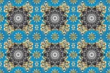 Doğu tarzında klasik tasarım öğesi. Çiçekli süslemeli, pürüzsüz bir desen. Arap dekoru mavi, gri ve nötr renklerde. Duvar kâğıdı için altın süslü bir illüstrasyon. Süslü dantel iz sürücü.