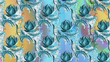 Sevimli çiçek raster deseni. Mavi, nötr ve gri renkte çiçekler. Renkli Bahar Teması el yapısı arka plan. Düz Çiçek Elementleri Tasarımı.