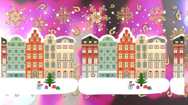 Colorful bright houses with trees on the hills. Raster illustration. Buildings on white, neutral and pink colors. clipart