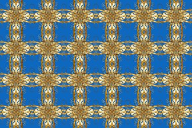 Altın elementlerle bej, kahverengi ve mavi renklerde kusursuz desen. Geleneksel oryantasyon süsü. Kusursuz klasik raster altın desenli. Klasik vintage arkaplan.