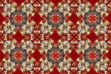 Kırmızı, kahverengi ve bej renklerdeki altın desenli altın elementler. Raster oryantal süs. Kusursuz altın desen.