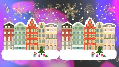 Doodle House Raster 'ın geçmişi. Tarafsız, mor ve beyaz renkli güzel binalar. Raster illüstrasyonu.