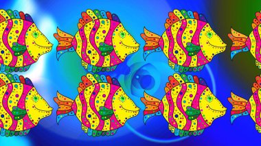 Renkli şirin desenli balık deseni. Raster illüstrasyonu. Renkli bir geçmiş çizimi. Mavi, sarı ve yeşil renkli balıkçık.