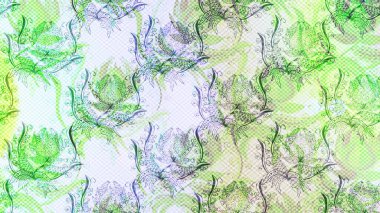 Raster illüstrasyonunda kusursuz çiçek deseni. Tarafsız, yeşil ve gri renkte çiçekler.