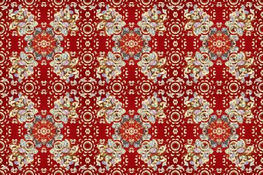 Raster altın pürüzsüz desen. Kırmızı, bej ve nötr renklerde kusursuz desen. Kusursuz altın desenli bukleler. Doğu tarzında altın elementler arabesk.