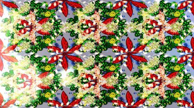 Raster illüstrasyonundaki çiçek desenli çizim. Tarafsız, yeşil ve bej renkli çiçekler. Renkli Bahar Teması eskiz kalıbı. Düz Çiçek Elementleri Tasarımı.