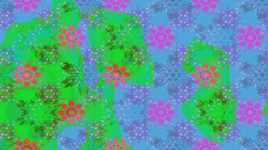 Tekrarlayan çiçek arkaplanı, zarif yeşil ve mavi çiçek duvar kağıdı. Yeşil ve mavi renkler üzerine çiçek desenli çizim, el yapımı papatyalar, papatyalar.