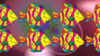 Raster geçmişi. Kumaş ve tekstil için İskandinav tarzı. Çizgi film balıklarıyla eskiz kalıbı. Sarı, mor ve pembe.