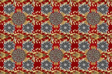 Kırmızı, kahverengi ve bej renklerde altın tekrarlayan elementlerle soyut arkaplan. Kusursuz oryantal klasik altın desen.