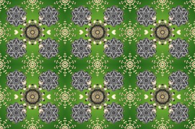 Altın desenli yeşil, gri ve nötr renklerde altın elementler. Raster geleneksel oryantasyon süsü. Kusursuz klasik altın desen.