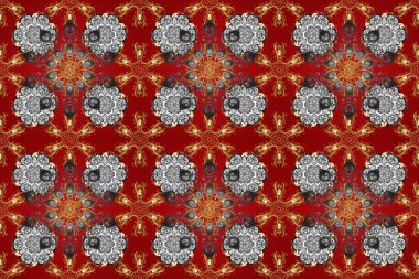 Altın şablon. Kusursuz desenli altın elementler. Raster illüstrasyonu. Kart, duvar kağıdı, ambalaj ve tekstil için klasik tasarım. Klasik çiçek dokusu. Kırmızı, gri ve kahverengi renklerin kraliyet retro 'su.