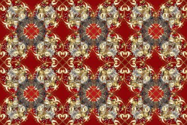 Kırmızı, kahverengi ve bej renklerdeki altın desenli altın elementler. Raster oryantal süs. Kusursuz altın desen.