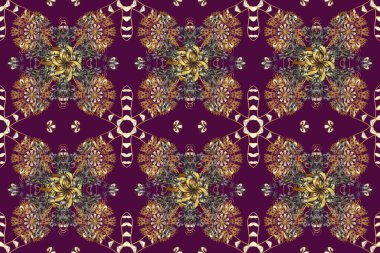 Geleneksel raster ve altın desen. Klasik oryantal desen mor, kahverengi ve bej renkler üzerinde. Damask pürüzsüz süsü.