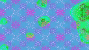 Mavili ve menekşe rengi zarif küçük çiçekler ve mavi ve mor renkli komik böcekler, raster desen, illüstrasyon.