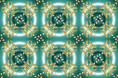 Tekrarlayan elementlerle soyut arkaplan oluşturun. Mavi, nötr ve yeşil renklerde altın sarısı desenler. Kusursuz damaske klasik altın desen. Raster illüstrasyonu.