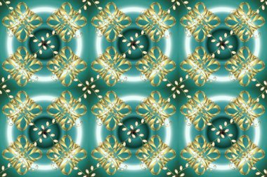 Tekrarlayan elementlerle soyut arkaplan oluşturun. Mavi, nötr ve yeşil renklerde altın sarısı desenler. Kusursuz damaske klasik altın desen. Raster illüstrasyonu.