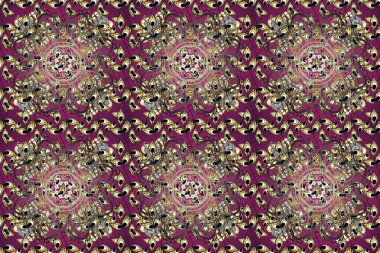 Mor, gri ve kahverengi renklerde altın element. Davetiyeler, kartlar, web sayfası için Raster illüstrasyon. Altın desenli çiçek dekoru. Doğu tarzı element. Çizgi sanatı tasarım şablonu için sınırsız sınır.