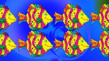 Tekrarlayan ve değişen bileşenlerin renkli görüntüsü. Mavi, sarı ve morumsu balıklar. Dekoratif süs. Soyut Raster çizimi. Balıklarla eskiz kalıbı. Raster illüstrasyonu.