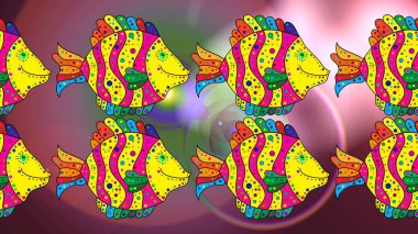 Sarı, mor ve pembe renkli balıklar. Suyun altında renkli balıkların yüzdüğü eskiz sahnesi. Raster illüstrasyonu.