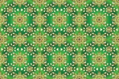 Süslü dekorasyon. Altın desenli yeşil, nötr ve bej renklerde altın elementler. Lüks, kraliyet ve Viktorya dönemi konsepti. Raster klasik altın rengi barok çiçekleri..