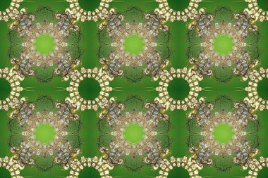 Yeşil, bej, nötr ve altın desenli. Klasik raster şablonu. Tekrarlayan ögelerle kusursuz soyut arkaplan.