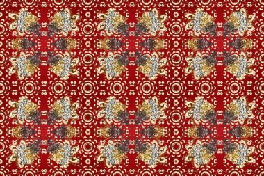 Antika altın tekrarlanabilir duvar kağıdı. Barok tarzında altın çiçek süsü. Damask arkaplanı tekerrür ediyor. Kırmızı, bej ve kahverengi renklerde altın element.