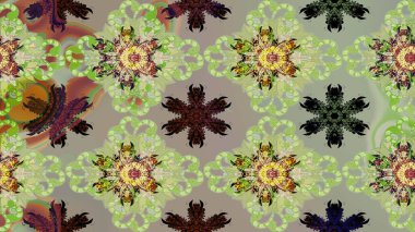 Çok renkli, zarif küçük çiçekler ve komik böcekler, raster desen, illüstrasyon.