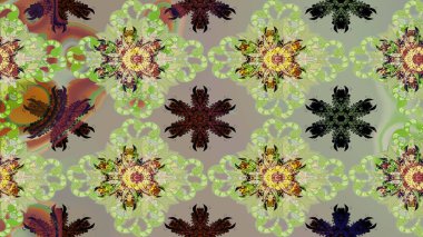 Çok renkli, zarif küçük çiçekler ve komik böcekler, raster desen, illüstrasyon.