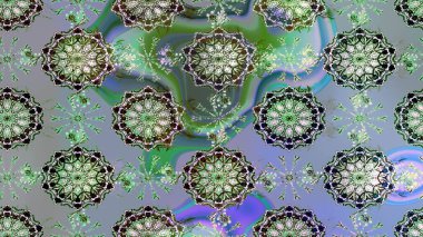 Raster düz çiçek çizim deseni. Hediye ambalaj kağıdı, tebrik kartları, posterler ve pankart tasarımı. Çiçekler yeşil, mavi ve nötr renklerde.