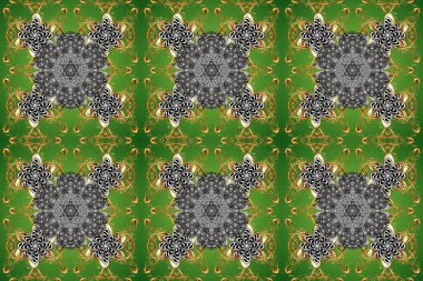 Yeşil, gri ve kahverengi renklerde altın elementlerle kusursuz desen. Geleneksel oryantasyon süsü. Klasik klasik klasik arka plan. Klasik raster altın pürüzsüz desen.