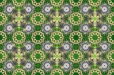 Oriental raster klasik gri, tarafsız, yeşil ve altın desenli. Raster illüstrasyonu. Kusursuz soyut arkaplan.