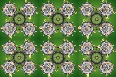 Barok tarzında altın çiçekli süs. Damask arkaplanı. Yeşil, gri ve nötr renklerde altın bir element. Altın çiçekli, pürüzsüz desen.