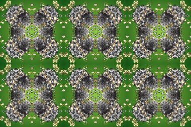 Altın desenli gri, yeşil ve nötr renklerde altın çiçekli elementler. Raster geometrik arka plan. Senin tasarımın için, duvar kağıdı. Altın rengi kusursuz illüstrasyon.