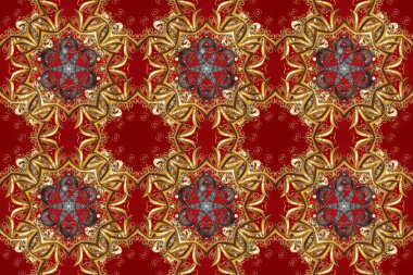Raster illüstrasyonu. Kırmızı, kahverengi ve bej renklerde altın elementlerle klasik, pürüzsüz desen.