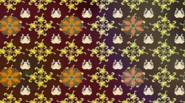 Renkli desenli eskiz deseni, kahverengi çiçekler ve dekoratif elementlerle. Eskiz geçmişi. Raster illüstrasyonu. Kumaş, tekstil, duvar kağıdı baskısı için. Antika retro tarzı.