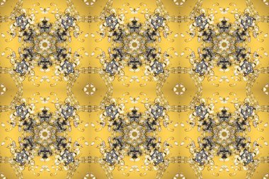 Sarı, bej ve kahverengi renkte desenler. Kına dövmeli süs çiçekleri, altın çıkartmalar, mehndi ve yoga tasarımı, kartlar ve parmak izleri. Raster Golden Mehndi kusursuz desen.